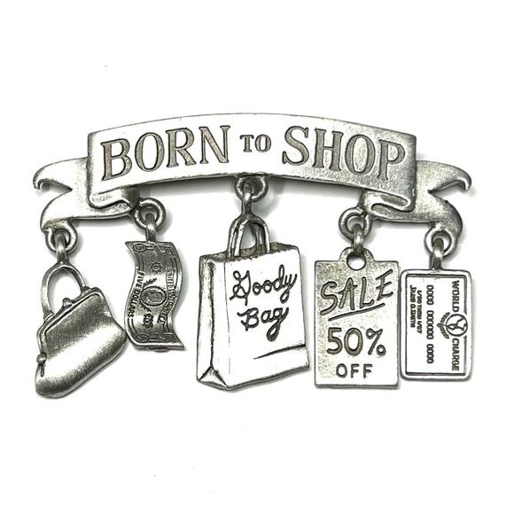 Brooch BORN TO SHOP Signed J.J. Vtg ShopaHolic Jewelry Pin S03 - Picture 1 of 4